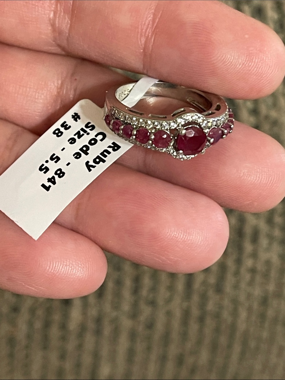 Elegant Natural Red Ruby Gemstone with CZ Accents 935 Silver Halo Ring - Picture 3 of 14
